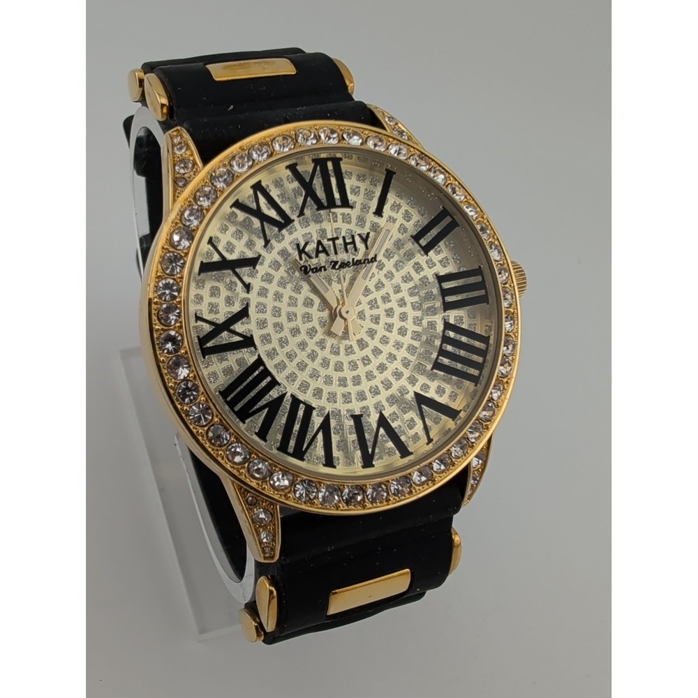 Kathy Van Zeeland Women's Watch 41mm Case Crystal Bezel Black Band- New Battery